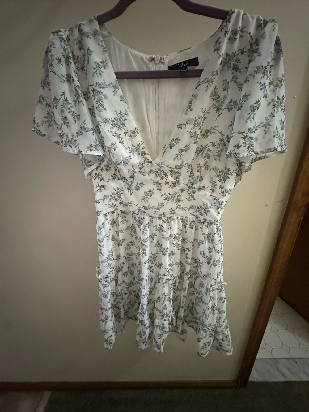 Lulu's White Floral V-Neck Ruffle Mini Dress